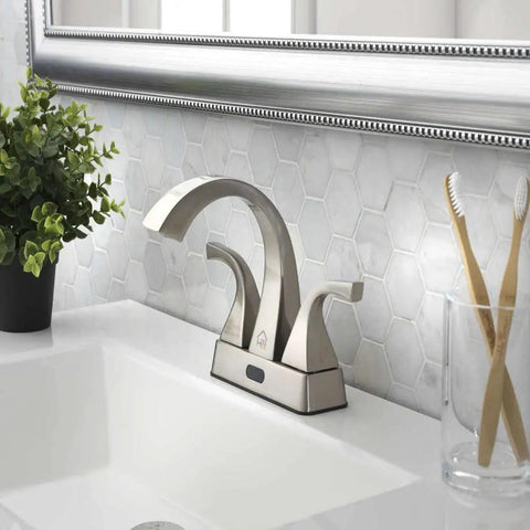 Touchless Two Handle 4 Inch Centerset Brushed Nickel Bathroom Faucet With Motion Sensor No Touch Operation 1.2 GPM Water Saving Flow Ceramic Cartridges Includes Push Pop Up Drain Easy Install in modern sink setup