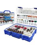 Complete 287 Piece Rotary Tool Accessory Kit For Precision Drilling Cutting Grinding And Polishing Wood Metal Plastic Glass With Sturdy Storage Case showing organized bits in a blue storage case.
