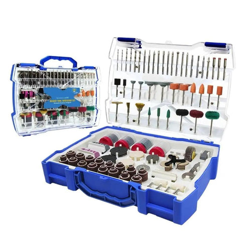 Complete 287 Piece Rotary Tool Accessory Kit For Precision Drilling Cutting Grinding And Polishing Wood Metal Plastic Glass With Sturdy Storage Case showing organized bits in a blue storage case.