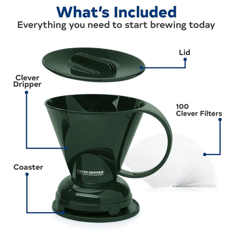 Pour Over Coffee Dripper Kit With Filters 18 Ounce Capacity BPA Free Plastic Dark Green Includes 100 Filters Easy Clean Mess Free Brew