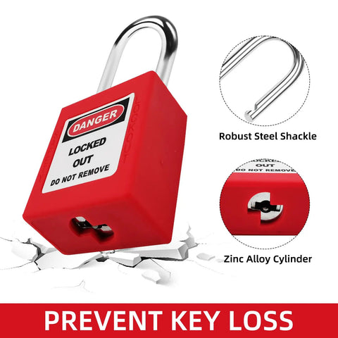 Red Lockout Tagout Padlock Set, 5 Piece Safety Locks Keyed Differently, OSHA Compliant Electrical Lockout Kit with robust shackle