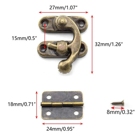 Retro Bronze Latch And Hinge Jewelry Box Kit With Antique Right Hasp Catch dimensions illustration.