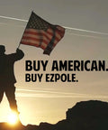 Silhouette of man holding American flag with 'Buy American. Buy EZPOLE.' text, promoting Defender Inground Flag Pole Kit Built Tough For Outdoors.
