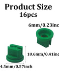 Green plastic 16Pcs 110 Degree Flat Fan Spray Nozzle Tips Set For Backpack Sprayer And Garden Spraying Work, dimensions shown