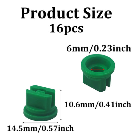Green plastic 16Pcs 110 Degree Flat Fan Spray Nozzle Tips Set For Backpack Sprayer And Garden Spraying Work, dimensions shown