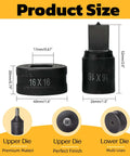 Heavy Duty Square Punch Die For CH70 Hydraulic Press, dimensions showing 16mm x 16mm dies, labeled upper and lower parts for industrial metal work.