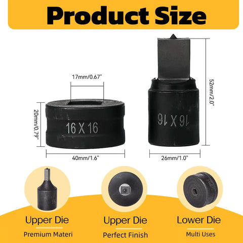 Heavy Duty Square Punch Die For CH70 Hydraulic Press, dimensions showing 16mm x 16mm dies, labeled upper and lower parts for industrial metal work.
