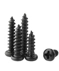 Black Carbon Steel Self Tapping Wood And Glasses Screws Set for DIY Projects, showing round pan head and Phillips drive