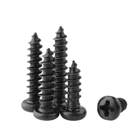 Black Carbon Steel Self Tapping Wood And Glasses Screws Set for DIY Projects, showing round pan head and Phillips drive