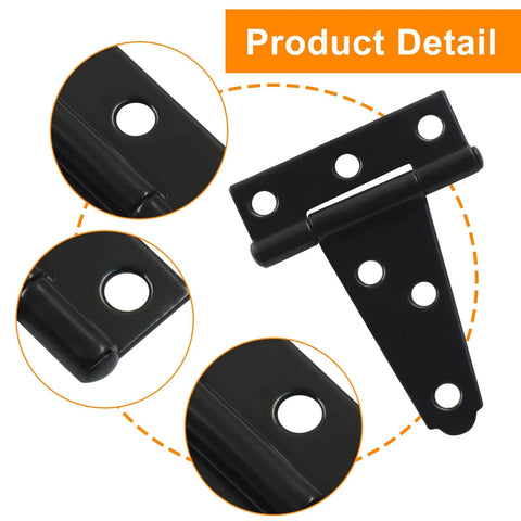 Close-up details of 6 Pack 2 Inch Heavy Duty T Strap Hinges for Outdoor Gates and Barn Doors Black Iron Gate Hinge Set