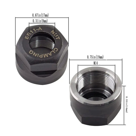 Two Pieces ER11A Collet Clamping Nut With Dynamic Balance Holes For CNC Machine Chuck Lathe And Milling Tool Holder displayed with measurements, made of alloy steel.