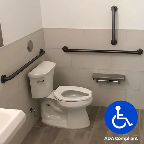 Straight Up Sturdy Matte Black Stainless Steel Grab Bar Bundle For ADA Compliant Restrooms And Hotel Rooms displayed in restroom.
