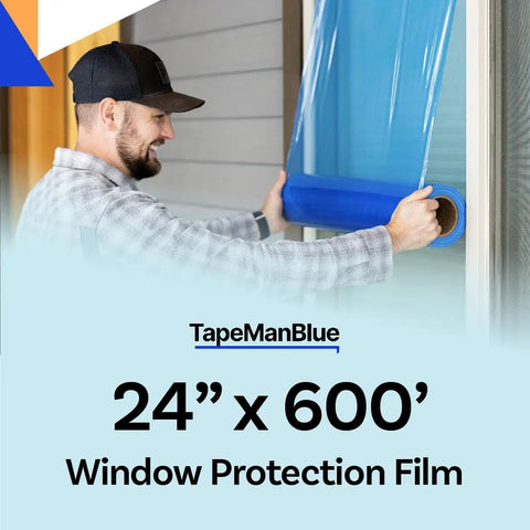 Man applying Blue Window Protection Film 24 Inch By 600 Feet For Construction Self Adhesive Temporary Glass Protection Tape Made In The USA