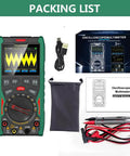 3 In 1 Handheld Oscilloscope Digital Multimeter And Signal Generator Portable Tool With 12 MHz Bandwidth And 50 MSa Per Second Sampling Rate shown with packaging, cables, and pouch.