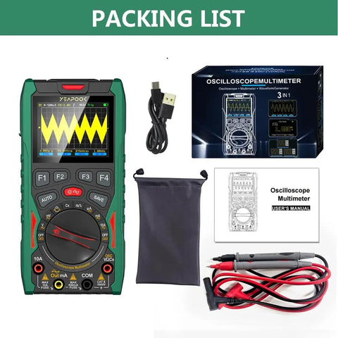 3 In 1 Handheld Oscilloscope Digital Multimeter And Signal Generator Portable Tool With 12 MHz Bandwidth And 50 MSa Per Second Sampling Rate shown with packaging, cables, and pouch.