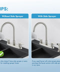 Top Shelf 8 Inch Centerset Kitchen Faucet With Dual Handles And High Arc 360 Swivel Spout in Brushed Nickel, example without and with side sprayer.