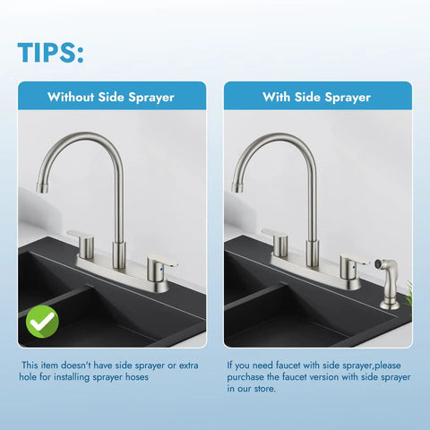 Top Shelf 8 Inch Centerset Kitchen Faucet With Dual Handles And High Arc 360 Swivel Spout in Brushed Nickel, example without and with side sprayer.