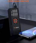 Portable Tire Inflator Air Compressor With Frosted Digital Gauge for cars and more, shown with power bank function.