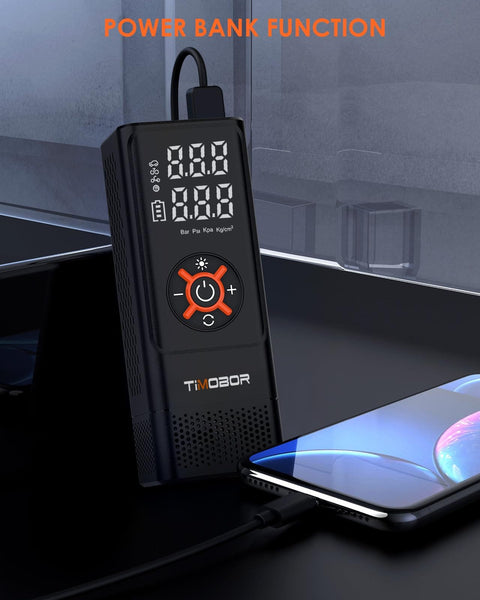 Portable Tire Inflator Air Compressor With Frosted Digital Gauge for cars and more, shown with power bank function.
