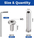 30 Sets M5 x 40mm Stainless Steel Furniture Joint Connector Bolts And Cap Nuts Kit with Allen wrench, dimensions shown.