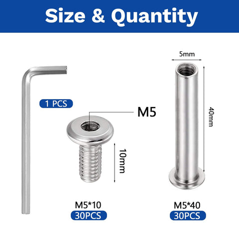 30 Sets M5 x 40mm Stainless Steel Furniture Joint Connector Bolts And Cap Nuts Kit with Allen wrench, dimensions shown.