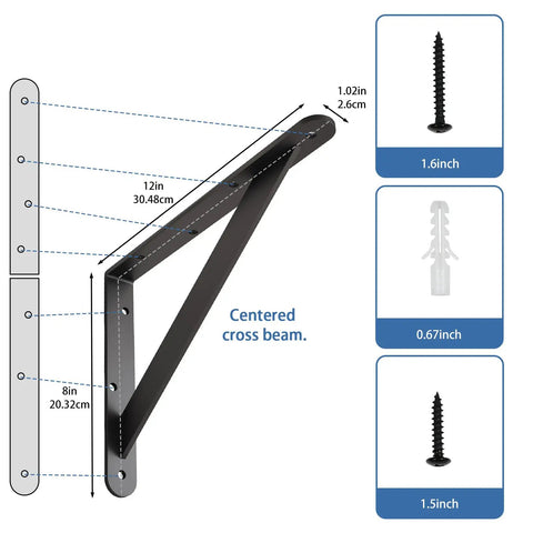 Built Tough As Nails 12X8 Inch Heavy Duty L Brackets For Shelves, Rock Solid Black Steel Angle Mounts With Triangular Support Design, Quick Install Hardware For Stress Free DIY Shelving Or Home Upgrades