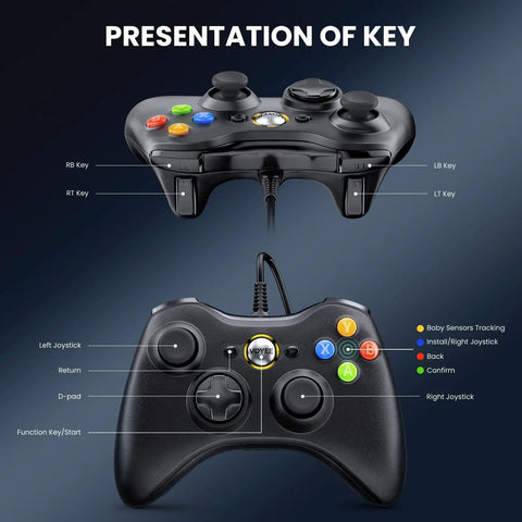 Diagram of wired Xbox 360 controller for PC showing button layout and joysticks, compatible with Windows 11 10 8 7 and Xbox 360 Slim.