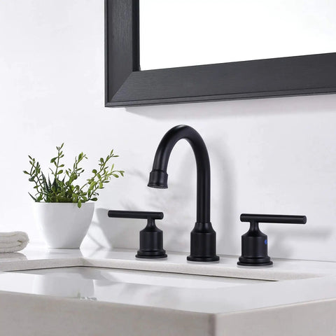 Two Handle Dope Matte Black Bathroom Faucet With Pop Up Drain Widespread 8 Inch Basin Vanity Sink Tap, 3 Hole Installation