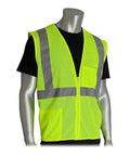 Go To Class 2 High Visibility Safety Vest Zipper Mesh Front With Bold Silver Reflective Strips Heavy Duty Yellow Work Wear Built Tough For Roadway Crews And Utility Pros Who Need It Done Right, front view on mannequin.