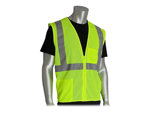 Go To Class 2 High Visibility Safety Vest Zipper Mesh Front With Bold Silver Reflective Strips Heavy Duty Yellow Work Wear Built Tough For Roadway Crews And Utility Pros Who Need It Done Right, front view on mannequin.