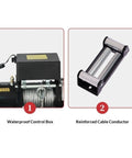 Heavy Duty Electric Hoist With 4500 Lb Capacity For 12 24V Motor Vehicle Recovery and Warehouse Work, showing waterproof control box and cable conductor.