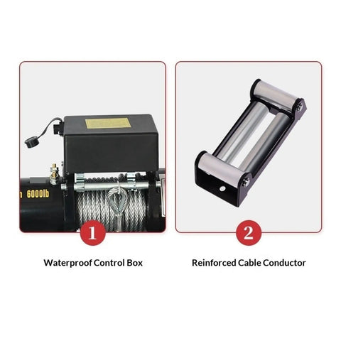 Heavy Duty Electric Hoist With 4500 Lb Capacity For 12 24V Motor Vehicle Recovery and Warehouse Work, showing waterproof control box and cable conductor.