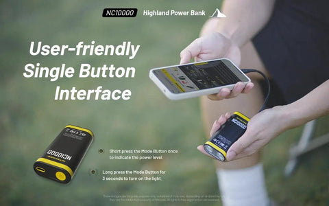 Person using Ultralight 10000mAh Power Bank With Built In Flashlight 50 Lumens Dual LED USB C Fast Charge 20W TSA Approved outdoors.