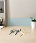 Decorative key-shaped accessories on a desk with stationery and a plant