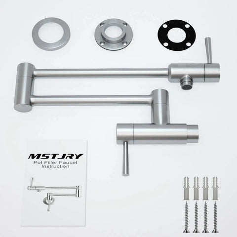 Brushed Stainless Pot Filler Faucet Wall Mount With Stretchable Double Joint Swing Arm Two Handle Kitchen Faucet Stovetop Use, 304 Stainless Steel Tubes, Solid Brass Ceramic Cartridge, Commercial Grade with installation kit shown from top view