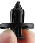 Easy Push In Bumper Trim Clips Kit Rust Proof Plastic Fasteners For Interior Bumper Trim Replacements Fits Versa Xterra Liner 20Pcs 50Pcs 100Pcs 200Pcs Two Hundred Packs, close-up black plastic clip