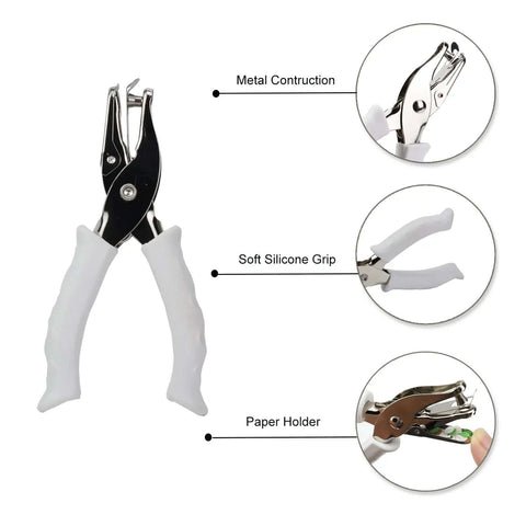 One Quarter Inch Circle Hole Puncher with soft grip handle, metal construction, and paper holder, ideal for crafts and projects.