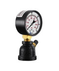 Gas test pressure gauge front view on brass valve with chrome-plated steel body; 1-inch FNPT connection.
