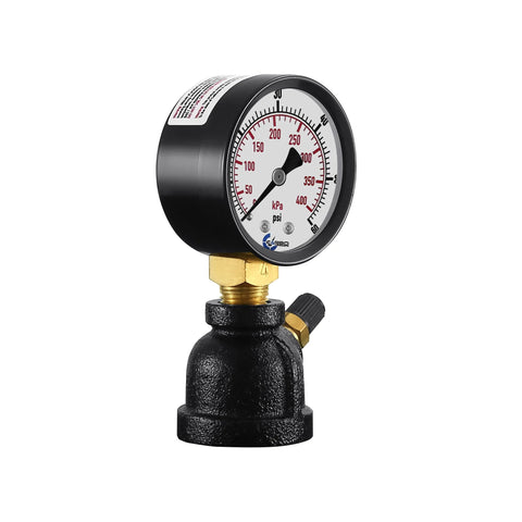 Gas test pressure gauge front view on brass valve with chrome-plated steel body; 1-inch FNPT connection.