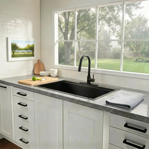 Friho Matte Black Kitchen Faucet with Pull Down Sprayer, Single Handle High Arc Stainless Steel, Deck Plate for 1/3 Hole Installation in modern kitchen.
