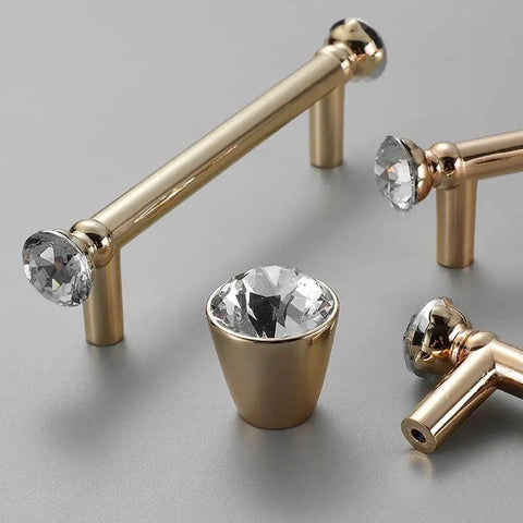 Crystal Cabinet Knobs 2 Pack Diamond Drawer Pulls for Cabinets, Dressers, Wardrobes, and Kitchen Furniture, shown in gold with crystal accents.