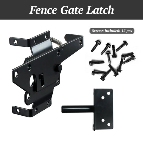 Heavy Duty Carbon Steel Fence Gate Latch for Wood and Vinyl Posts Black Powder Coated Post Mount Easy Install Includes Screws and Instructions for Rugged Outdoor Use and Long Lasting Security, latch and screws shown