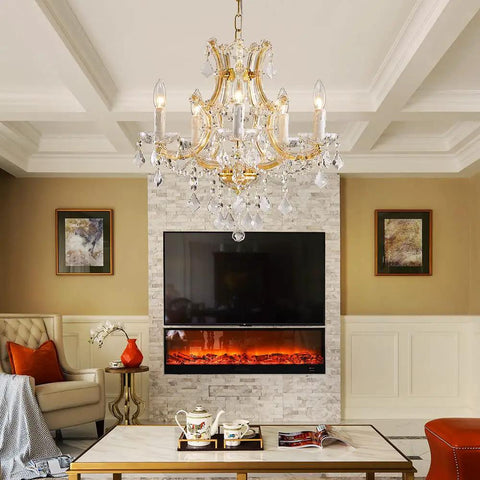 Living room with Gold 5 Light Maria Theresa Crystal Chandelier With Adjustable Chain Up To 52 Inches E12 Bulb Ready LED Compatible.