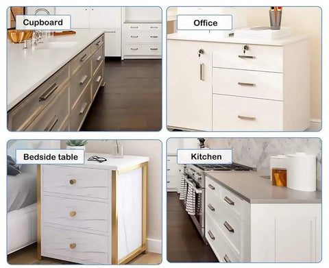 Collage of cupboards, office, bedside table, and kitchen with cabinets featuring Built Tough Heavy Duty Drawer Slides Full Extension Ball Bearing Steel Tracks For Cabinets Silent Side Mount Runners With Zinc Plated Finish 36 Inch Black 900mm Durable Kitchen Cabinet Drawers.