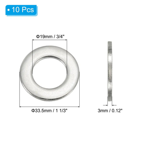 304 Stainless Steel Fender Washers Set, 10 Pack, Flat Washers 3/4 Inch ID X 1 1/3 Inch OD X 0.12 Inch Thick, side and top view