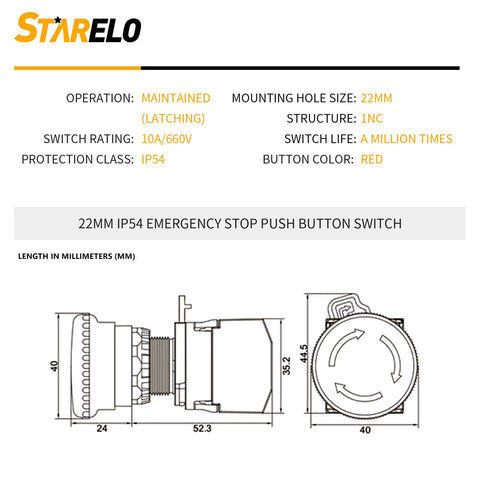 22Mm Red Mushroom Emergency Stop Button Switch Latching 1NC Normally Closed Safety Stop Switch 10A 660V IP54 diagram