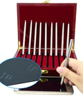 Mohs Hardness Test Kit With 10 Pens Real World 1 To 10 Scale Stainless Steel Build For Minerals Jewelry Tiles Glass Ceramics Indirect Visual Estimation Method Great For Pros DIYers And Hobbyists in red case, hand holding pen testing scratched stone