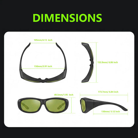 Dimensions of Badass Laser Safety Glasses With Sleek High Density Lenses Blocking Mean Laser Beams For Welding And Hair Removal Jobs Featuring Rugged Pro Grade Wide Spectrum Eye Shield Gear.
