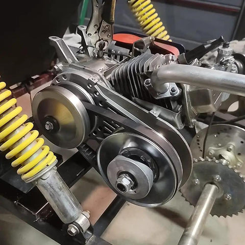 Installed Torque Converter DIY Kit For Go Karts And Mini Bikes With 6.5 HP Engine, Three Quarter Inch Drive, View Of Mounted Pulleys