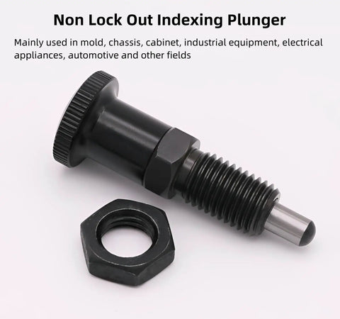 Hassle Free Push Fit Ball Nose Spring Plunger Featuring M8x1 Heavy Duty Steel Build with retractable shaft and thumb knob.